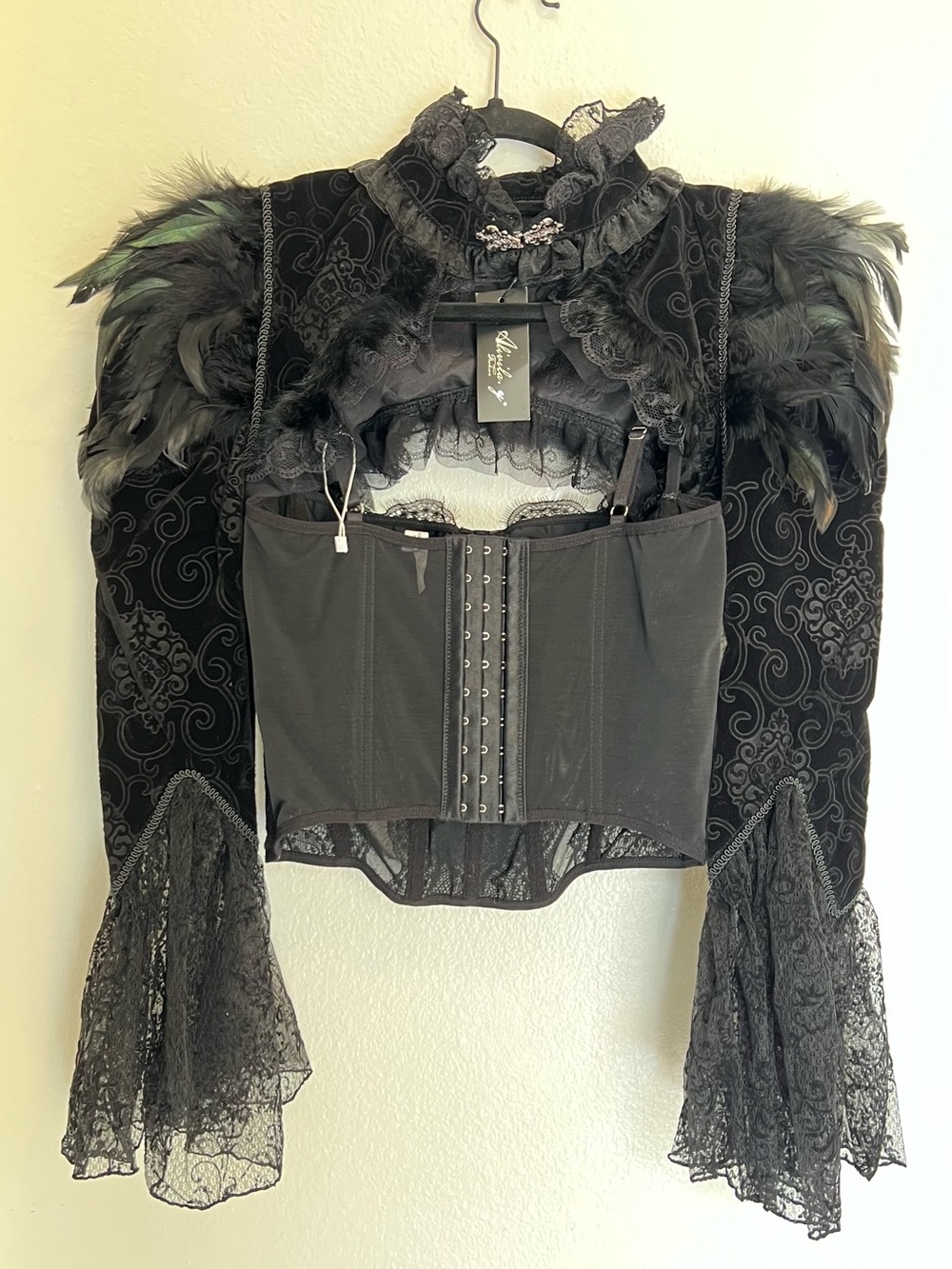Black Lace Ostrich Feather Bolero Topper Top Gothic Victorian Halloween Costume - Picture 6 of 12